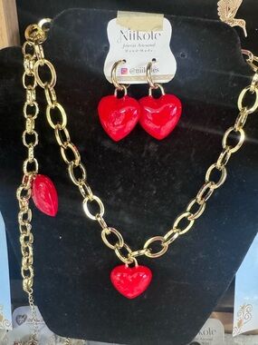 Gold Chain Necklace & Earrings Set with Red Heart Charms